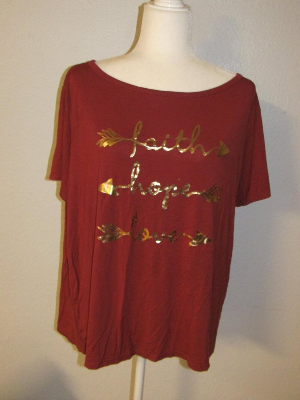 Amana Plus Size 2XL Soft Short Sleeve Tee Shirt Faith Hope Love Rust Gold